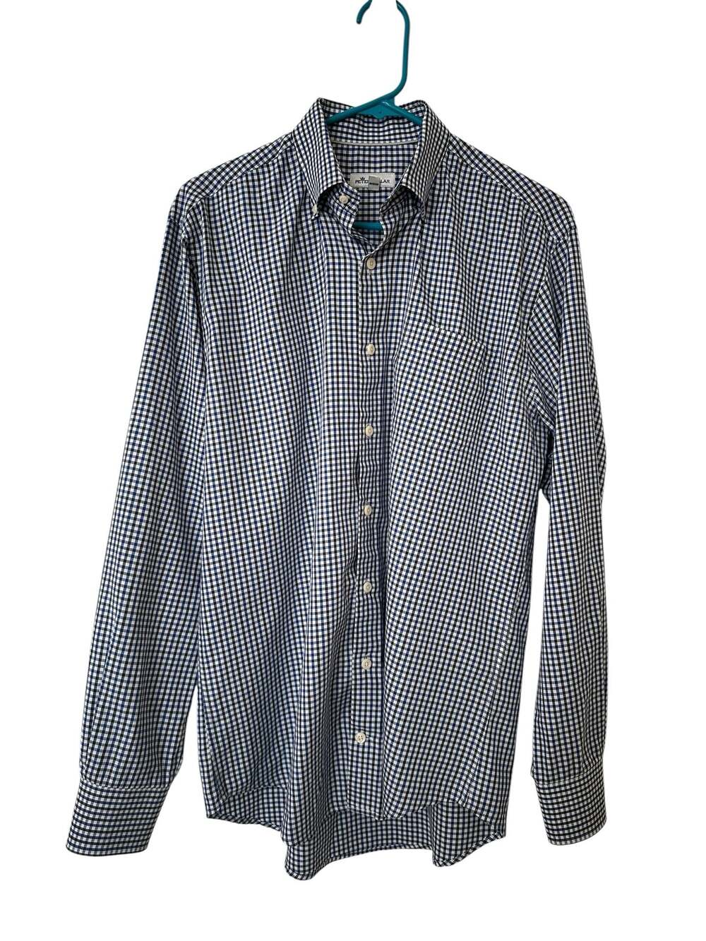 Peter Millar Men’s Medium Blue White Gingham Button Down Cotton Shirt